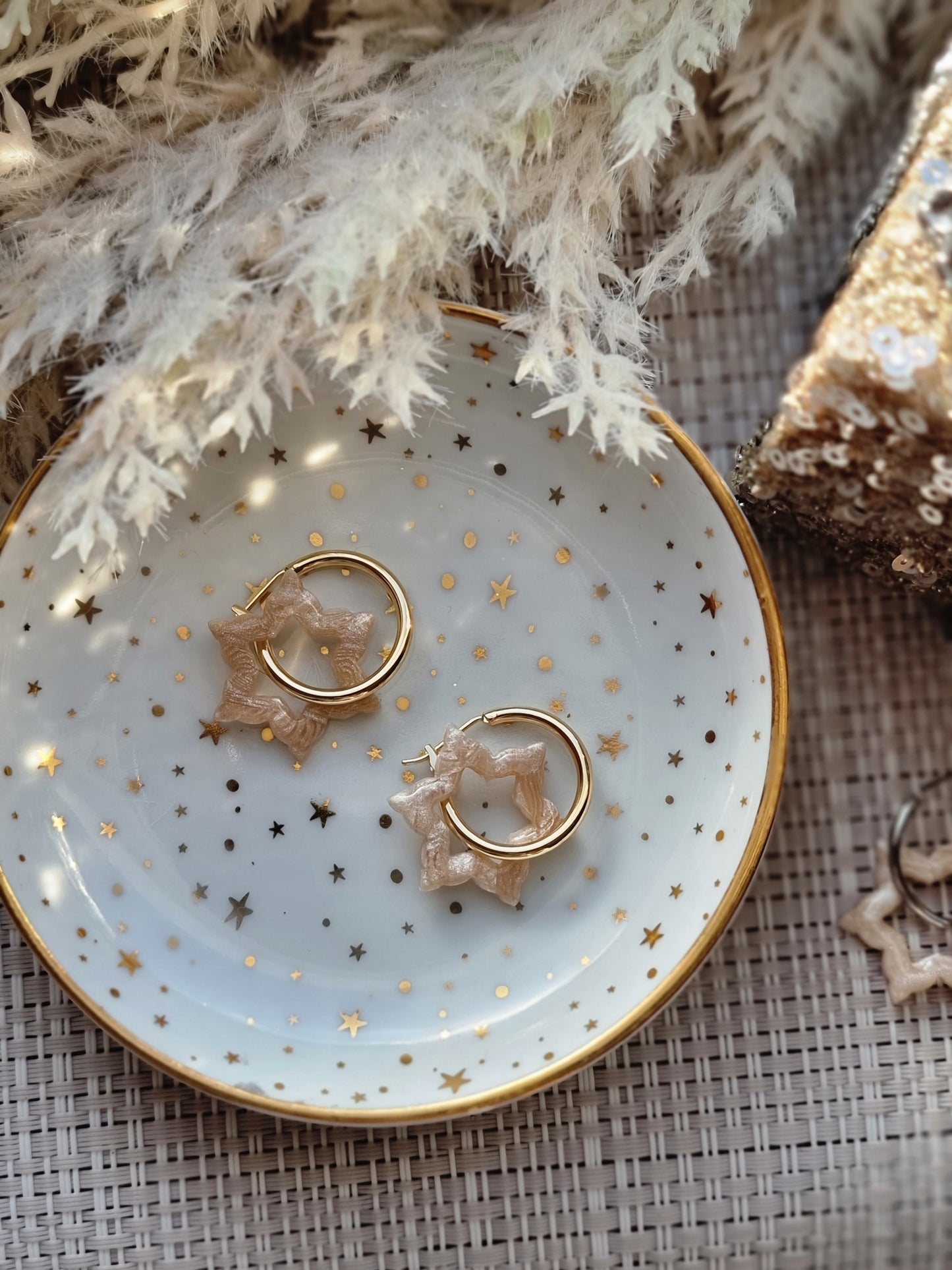 Snowflake pearl hoops| Clay earrings