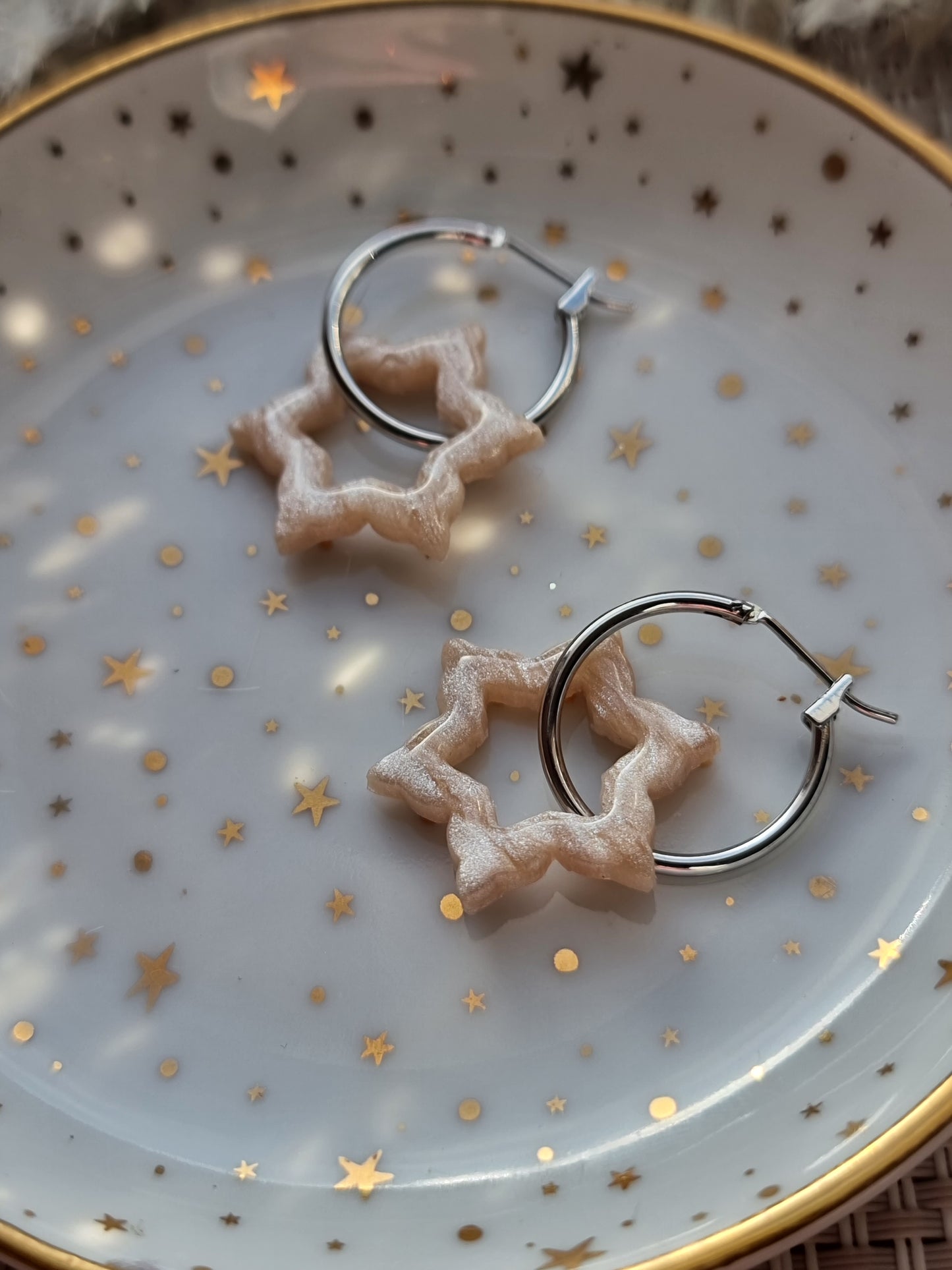 Snowflake pearl hoops| Clay earrings