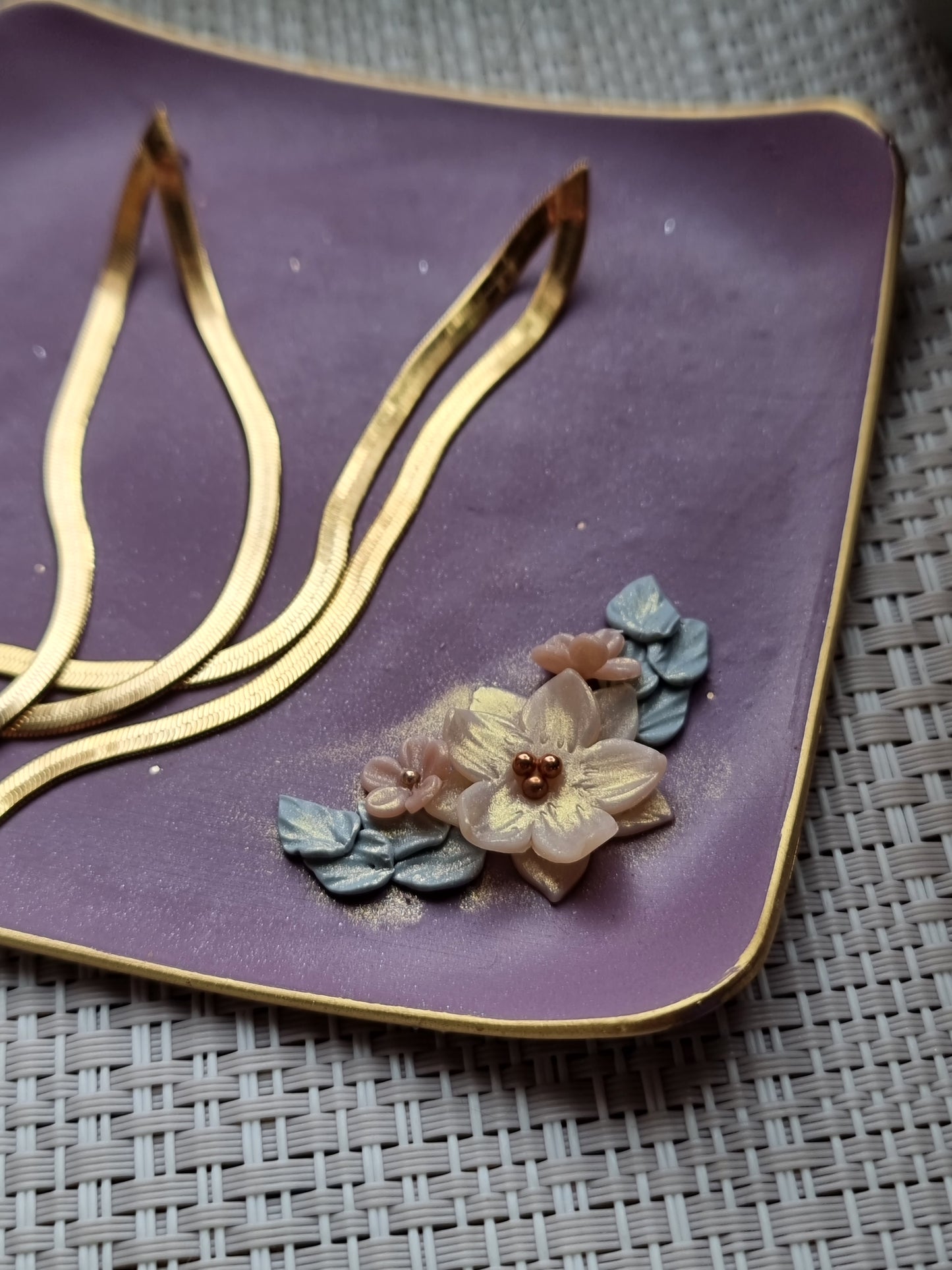 Deep purple floral trinket dish with gold trim