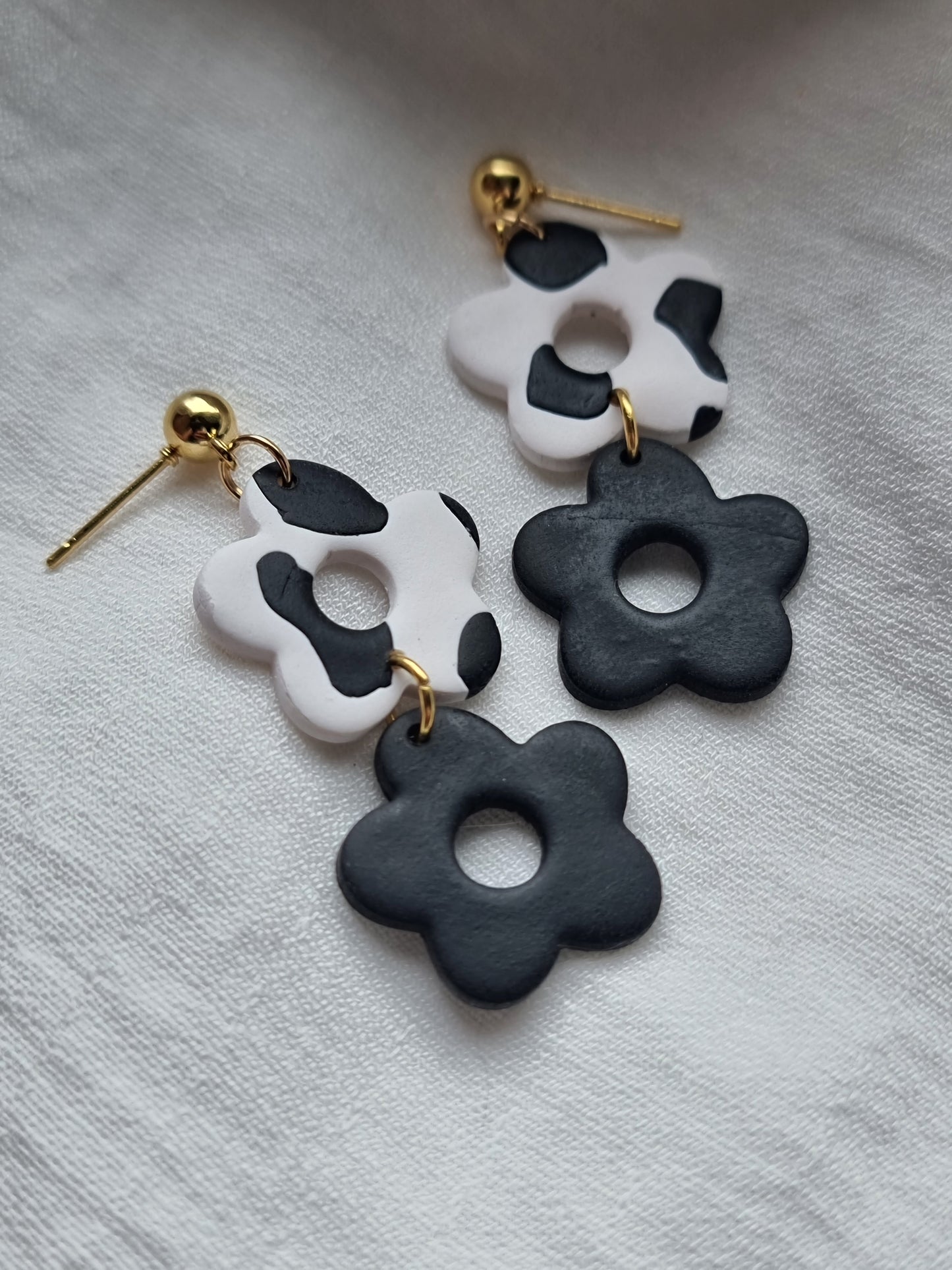 Cow print duo flower dangles| can be switched for silver, fish hooks