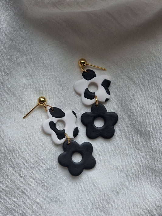 Cow print duo flower dangles| can be switched for silver, fish hooks