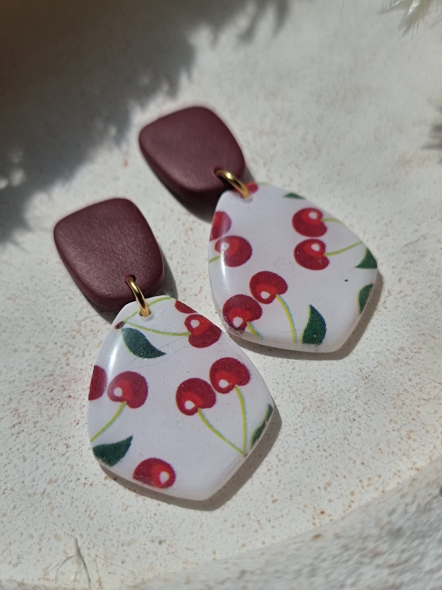 Abstract cherry print dangles| can be switched for silver