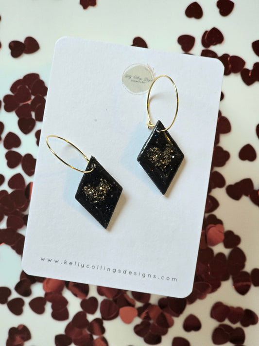 Black and gold glitter heart hoops