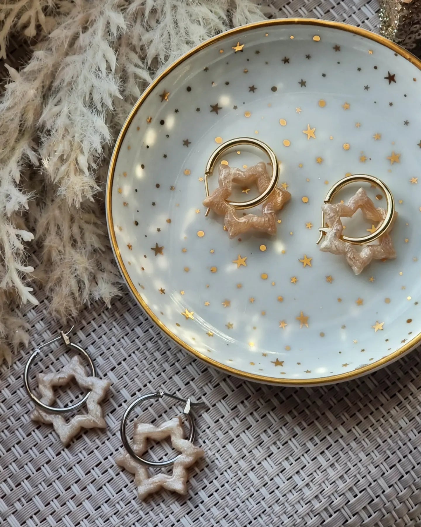 Snowflake pearl hoops| Clay earrings