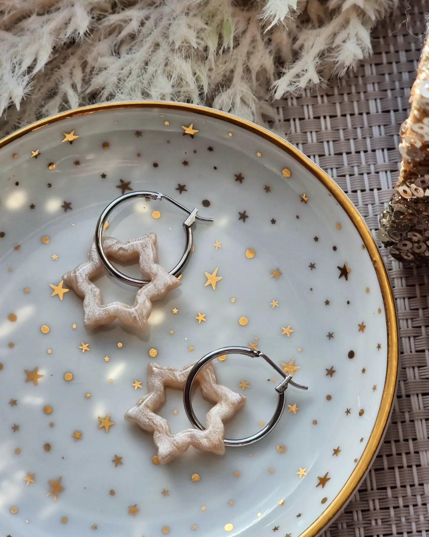 Snowflake pearl hoops| Clay earrings