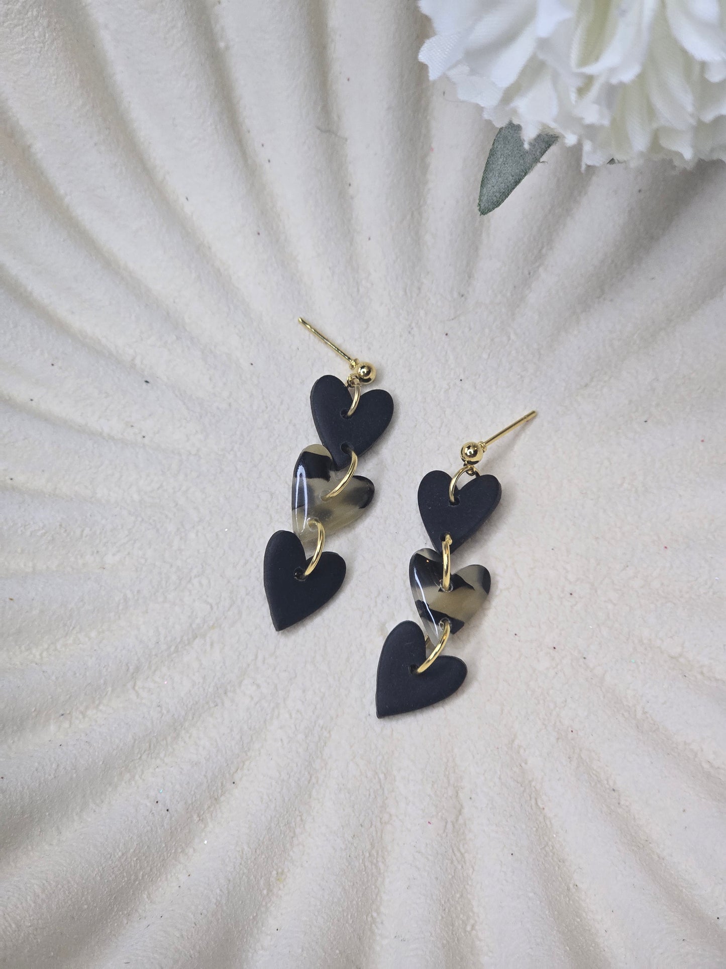 Black and tortoise shell heart dangles| can be switched for silver