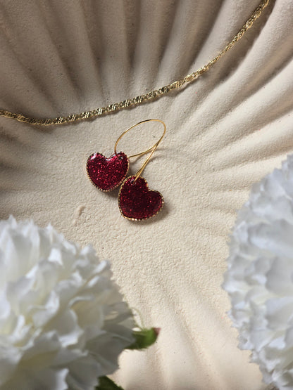 Red glitter heart hoops
