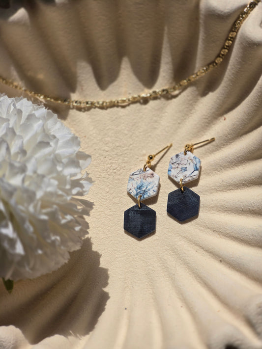 Hexagon denim dangles| can be switched for silver/ fish hook