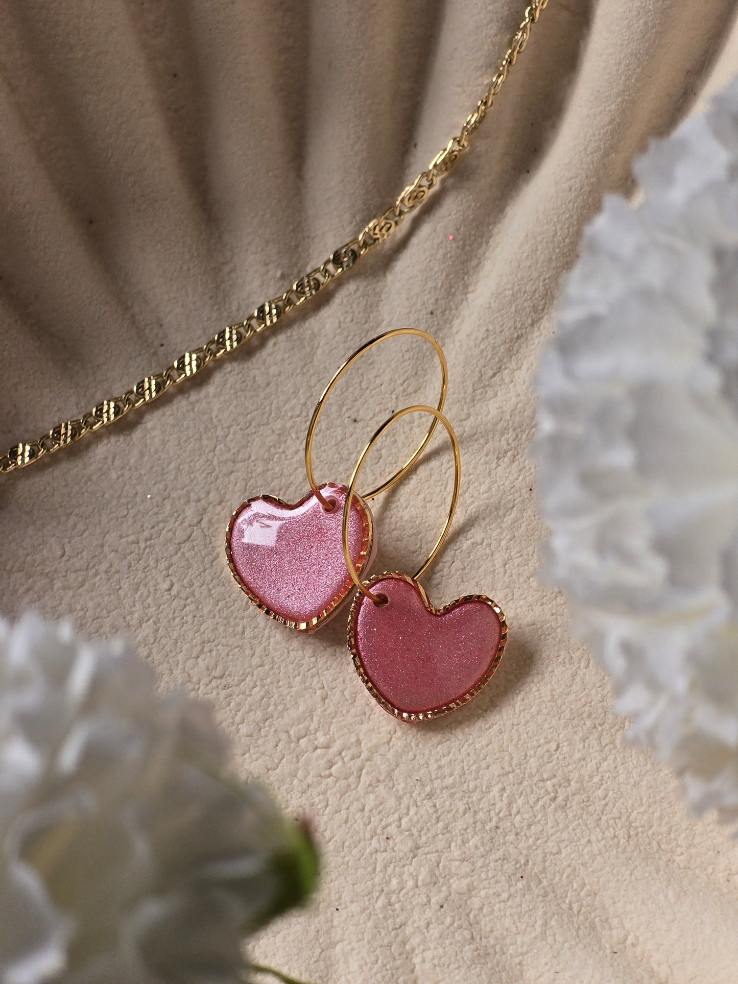 Pink shimmer heart hoops
