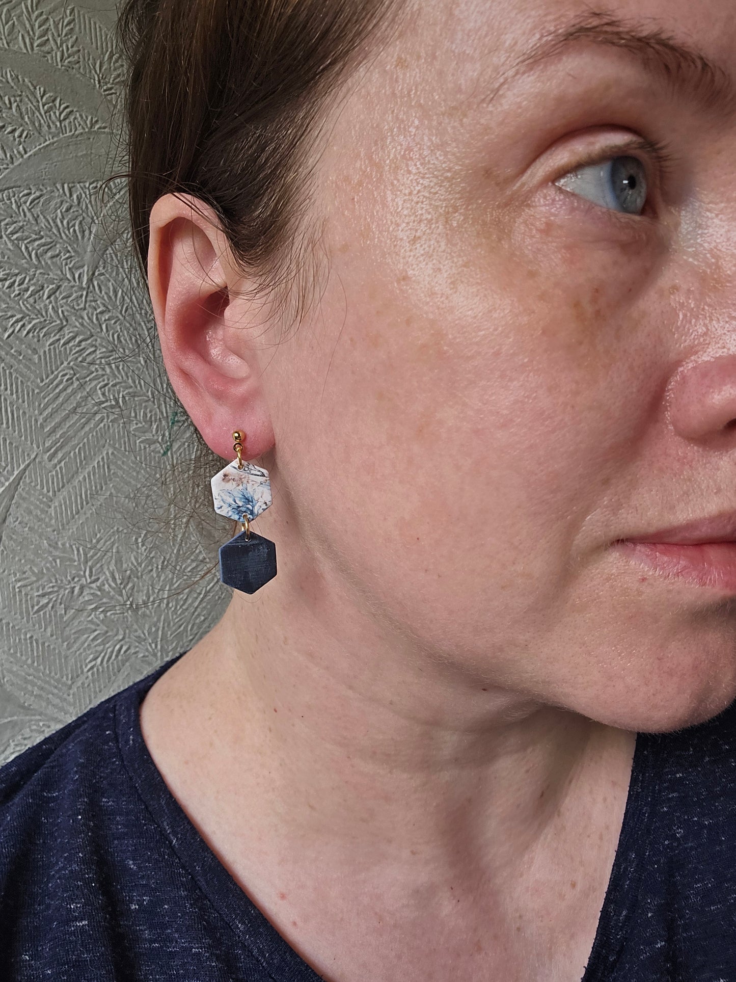 Hexagon denim dangles| can be switched for silver/ fish hook