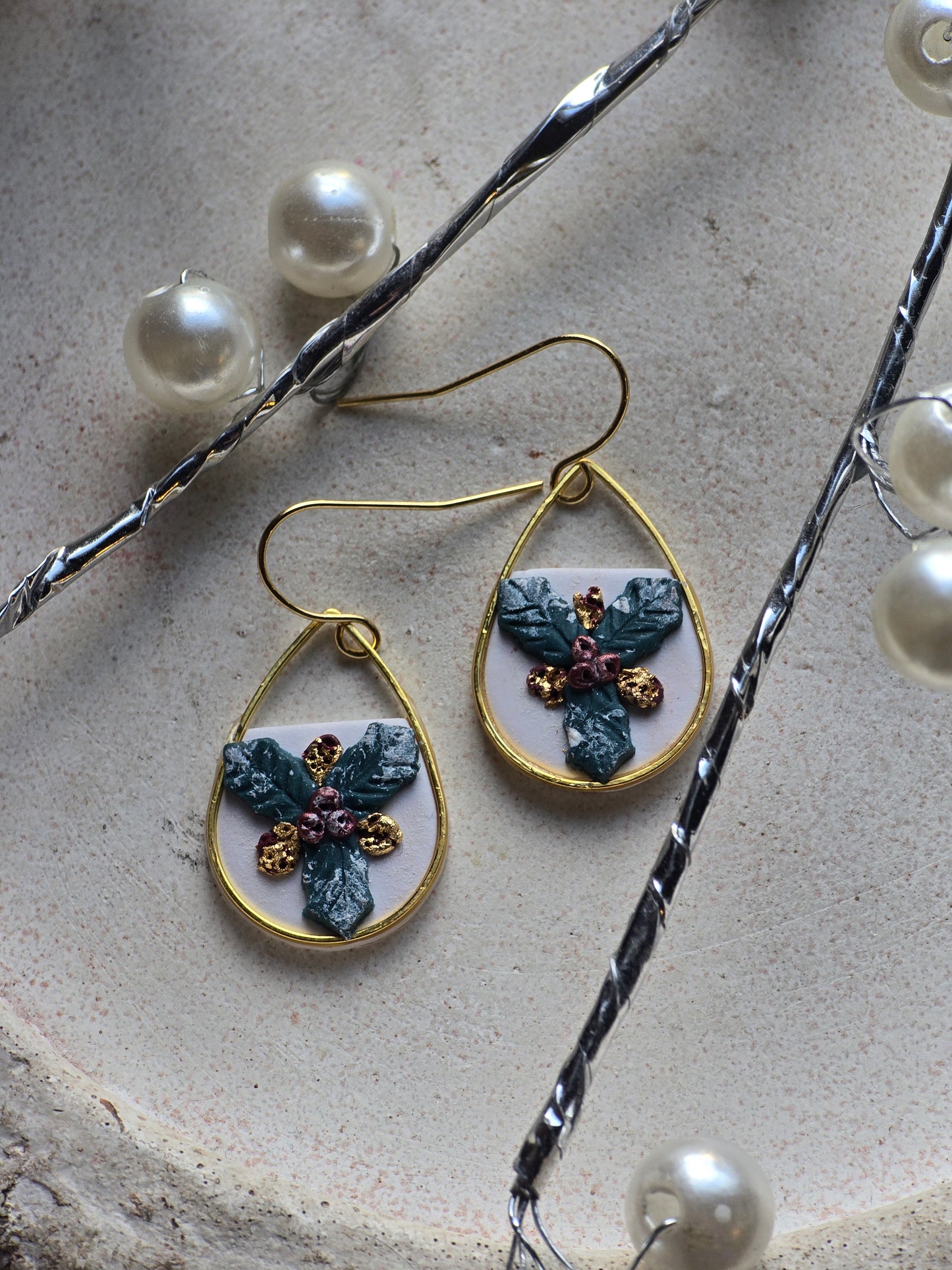 Gold trim holly dangles