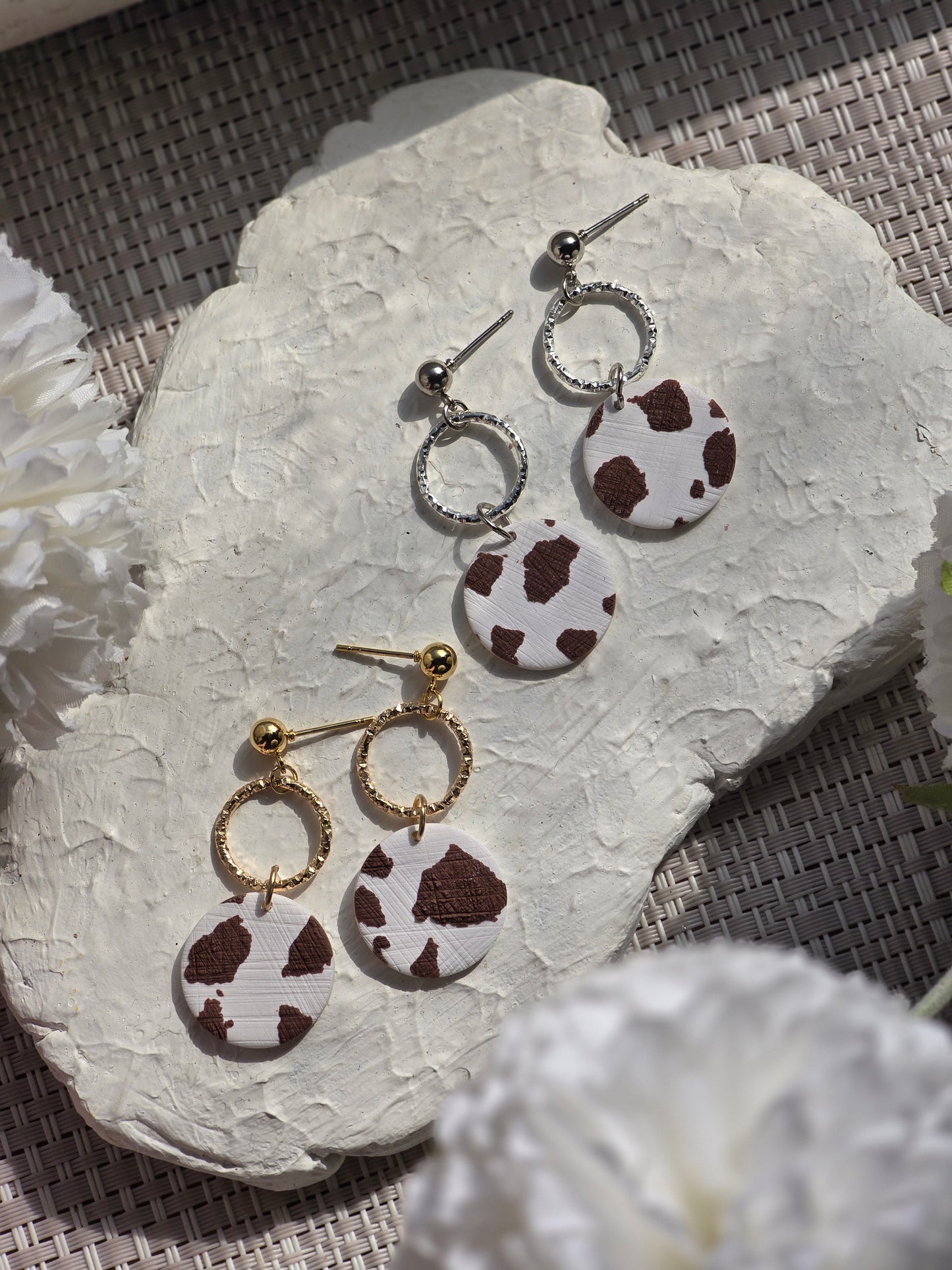 Cow print denim & charm dangles| can be switched for fish hook