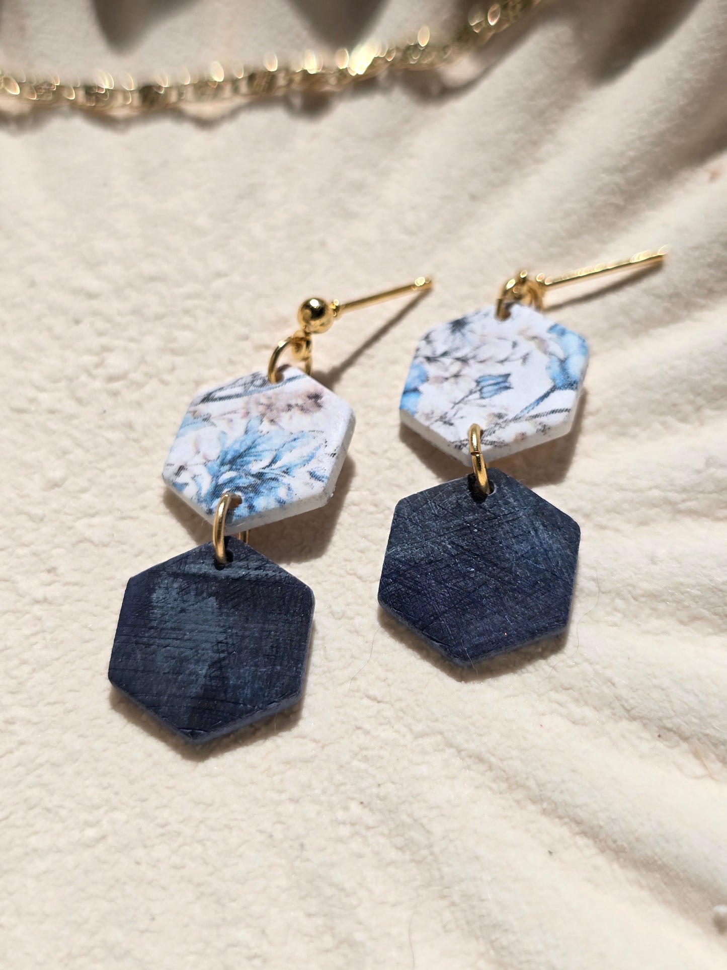 Hexagon denim dangles| can be switched for silver/ fish hook
