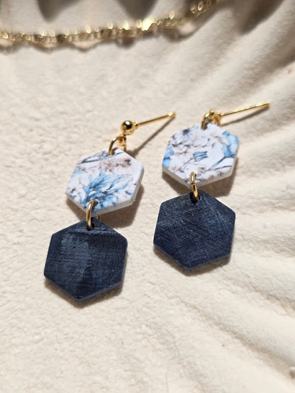 Hexagon denim dangles| can be switched for silver/ fish hook