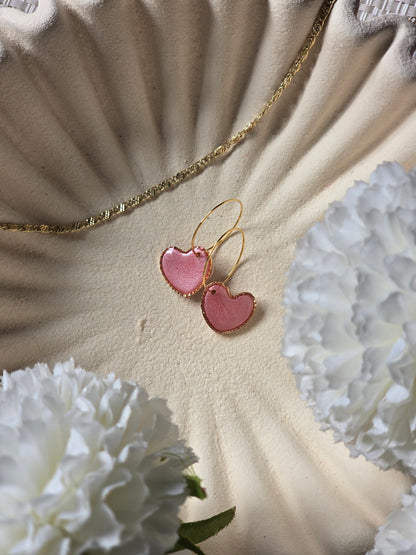 Pink shimmer heart hoops