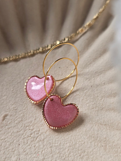 Pink shimmer heart hoops