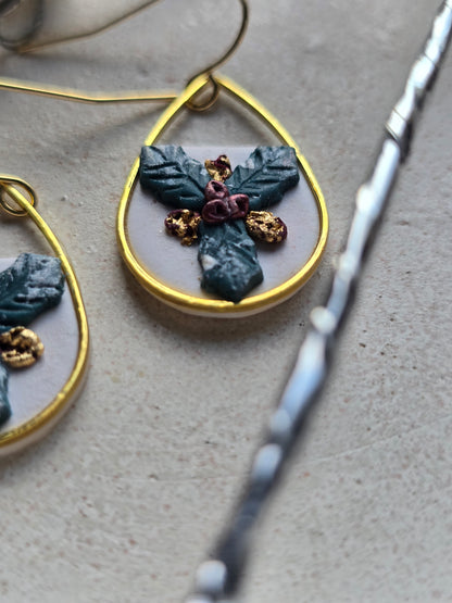 Gold trim holly dangles